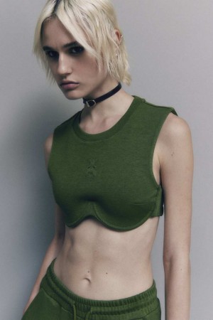 Patrizia Pepe Cotton Blend Fleece Cropped Top Vert | NLSZM8074
