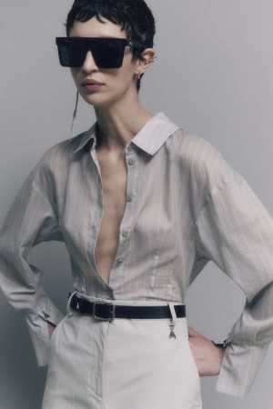 Patrizia Pepe Cotton Pinstripe Shirt Grise | VQFWT7618