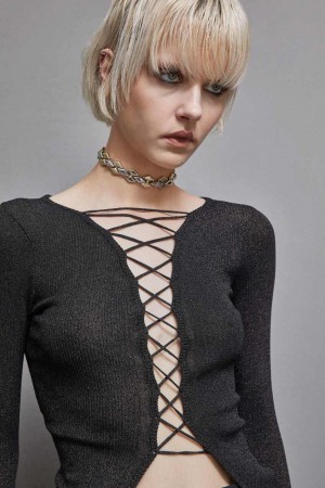 Patrizia Pepe Essential Lurex Ribbed Cardigan Noir | KVEFS9351