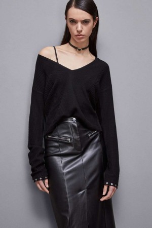 Patrizia Pepe Essential Wool Ribbed Sweater Noir | RVKDY2645