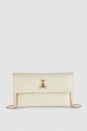 Patrizia Pepe Fly Leather Clutch Bag With Chain Beige | NQFWP9168