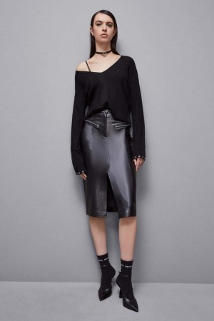 Patrizia Pepe High-waisted Midi Skirt In Faux Leather Noir | YWHAZ4831