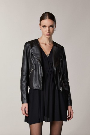 Patrizia Pepe Leather Biker Jacket With Top-stitching Noir | IHUGS6285