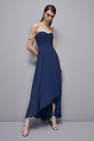 Patrizia Pepe Long Georgette Dress With Pleating Bleu | AWVZL5217
