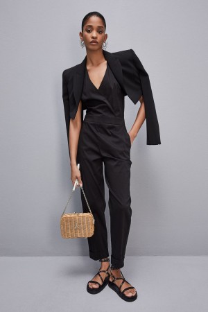 Patrizia Pepe Long Jumpsuit In Stretch Cotton-blend Poplin Noir | YFWIC4796