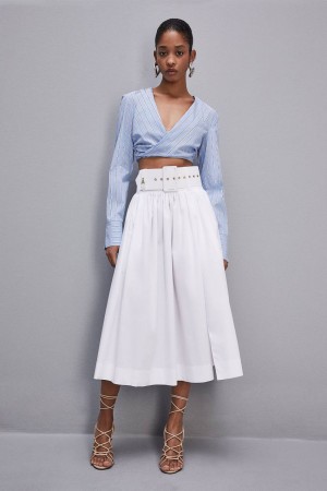Patrizia Pepe Midi Flared Skirt With Belt Blanche | LXBTM6943