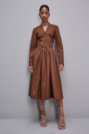 Patrizia Pepe Midi Flared Skirt With Belt Marron | NJCAP5813