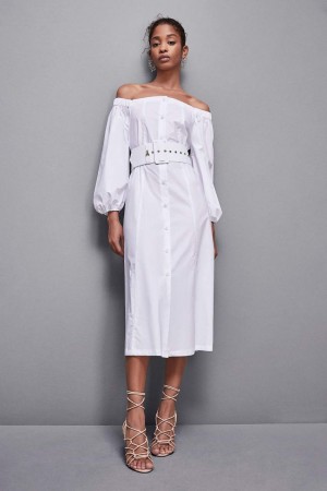 Patrizia Pepe Off-shoulder Dress With Belt Blanche | CFYMG0329