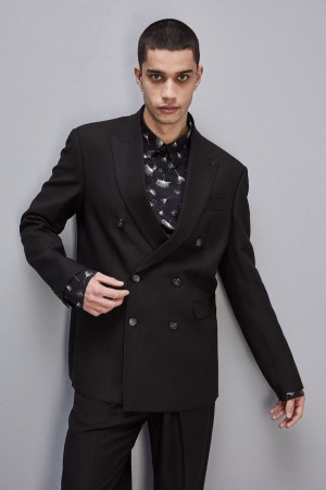 Patrizia Pepe Regular Double-breasted Linen And Viscose Blend Jacket Noir | HTGXA3956