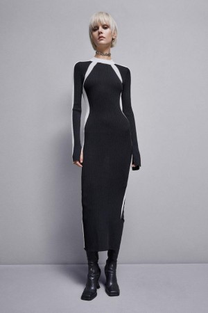 Patrizia Pepe Ribbed Viscose Blend Dress Noir | OXWAK7128