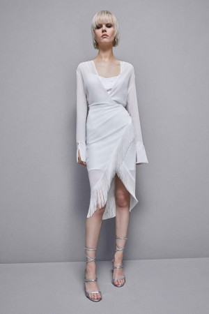Patrizia Pepe Satin And Georgette Dress With Fringes Blanche | KYFJV2796