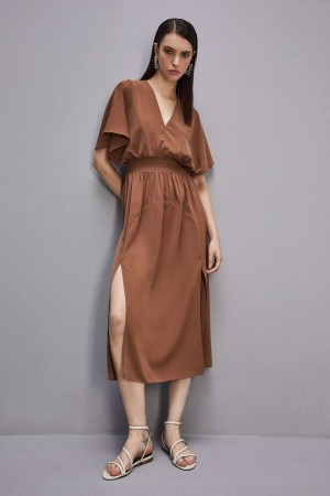 Patrizia Pepe Satin Dress With Smock Stitching Marron | NLXTU9635