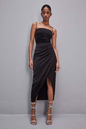 Patrizia Pepe Satin Midi Dress Noir | JYTRW9158