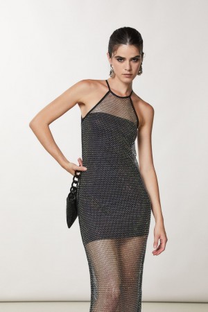 Patrizia Pepe Sleeveless Rhinestone Mesh Dress Noir | QPZBO2468