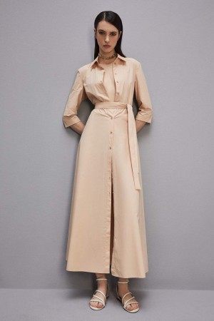 Patrizia Pepe Three-quarter Sleeve Cotton Chemisier Dress Beige | FATEZ8531