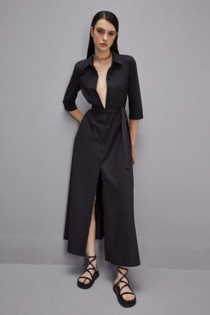 Patrizia Pepe Three-quarter Sleeve Cotton Chemisier Dress Noir | JVPUB9827