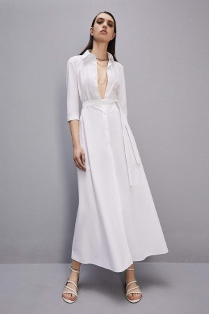 Patrizia Pepe Three-quarter Sleeve Cotton Chemisier Dress Blanche | ECHMX2083