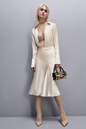 Patrizia Pepe Viscose Satin Midi Skirt Beige | BYDLG6789